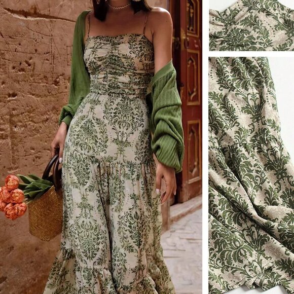 Multicolor Boho Women's Spaghetti Strap Leaf Print Ruffle Hem Maxi Slip Dress - Picture 1 of 7